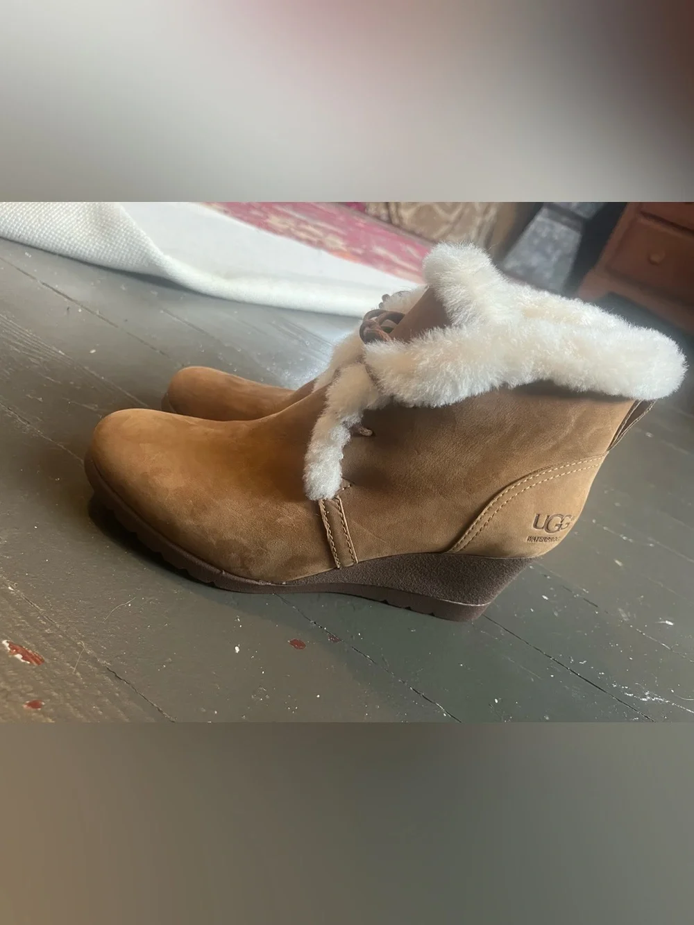 UGG Jeovana Chestnut Suede Wedge Booties with White Shearling Trim waterproof